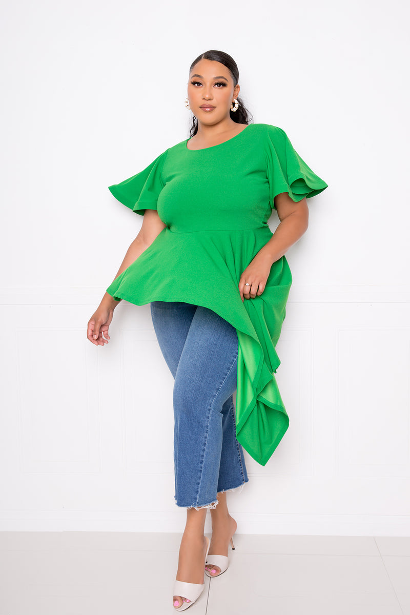 buxom couture curvy women plus size flutter asymmetrical peplum top green