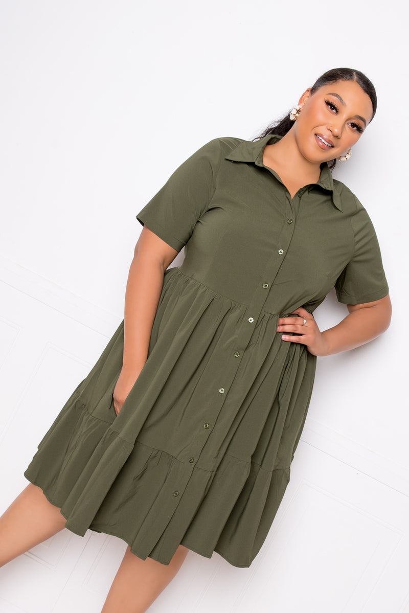 buxom couture curvy women plus size tiered shirt mini dress olive green