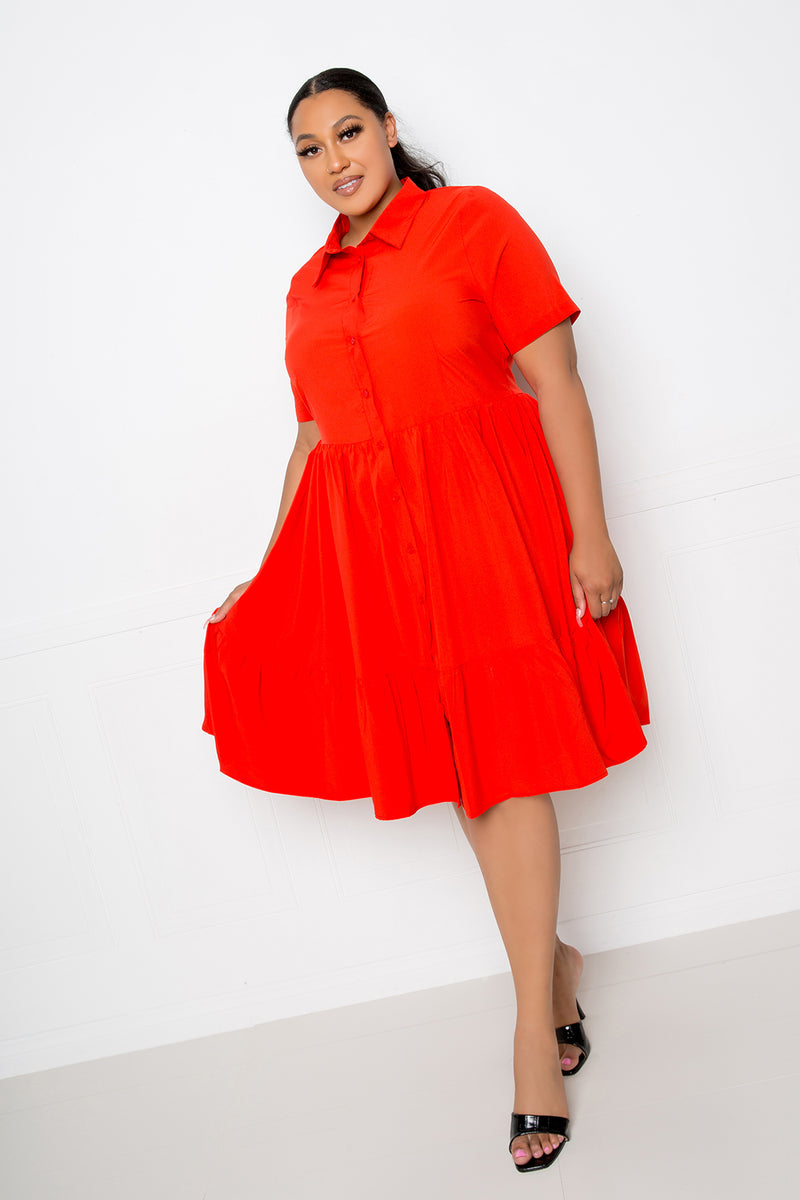 buxom couture curvy women plus size tiered shirt mini dress orange red