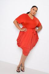 buxom couture curvy women plus size double ruched dress brick red orange