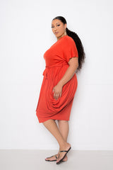 buxom couture curvy women plus size double ruched dress brick red orange