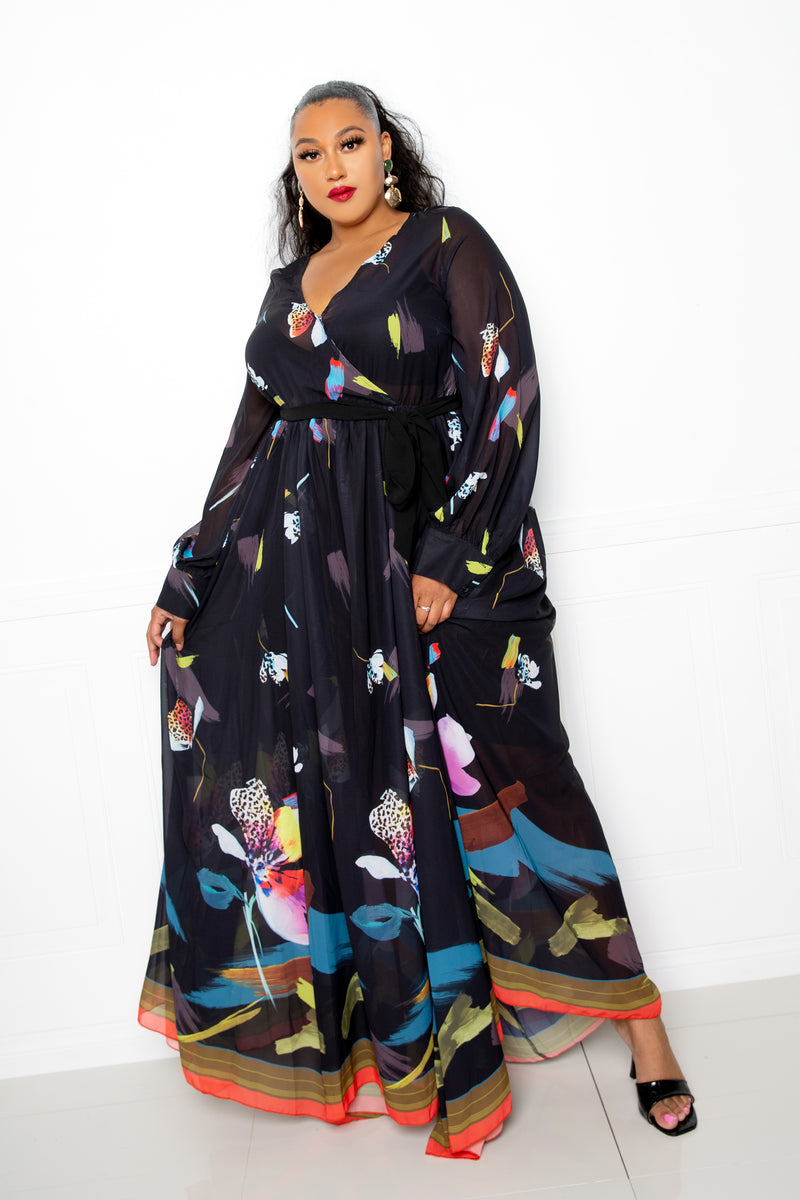 buxom couture curvy women plus size tropical floral surplice maxi dress black