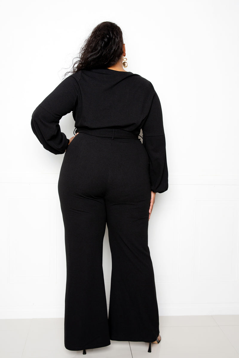 buxom couture curvy women plus size button up flare jumpsuit black
