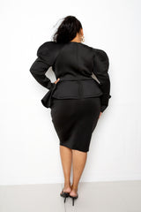 buxom couture curvy women plus size power shoulder peplum scuba dress black