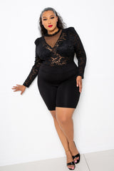buxom couture curvy women plus size long sleeve padded shoulder lace bodysuit black
