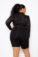 buxom couture curvy women plus size long sleeve padded shoulder lace bodysuit black