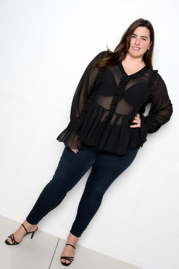 buxom couture curvy women plus size ruffle babydoll blouse black