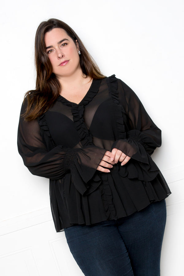 buxom couture curvy women plus size ruffle babydoll blouse black