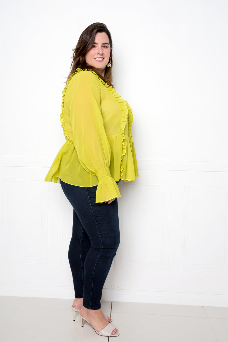 buxom couture curvy women plus size ruffle babydoll blouse lime green tea leaf