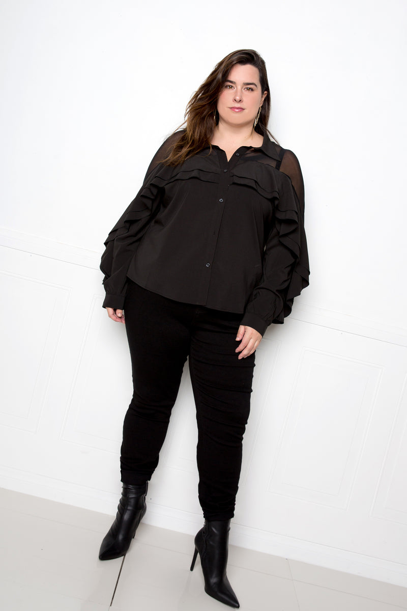 buxom couture curvy women plus size ruffle blouse with mesh inserts black