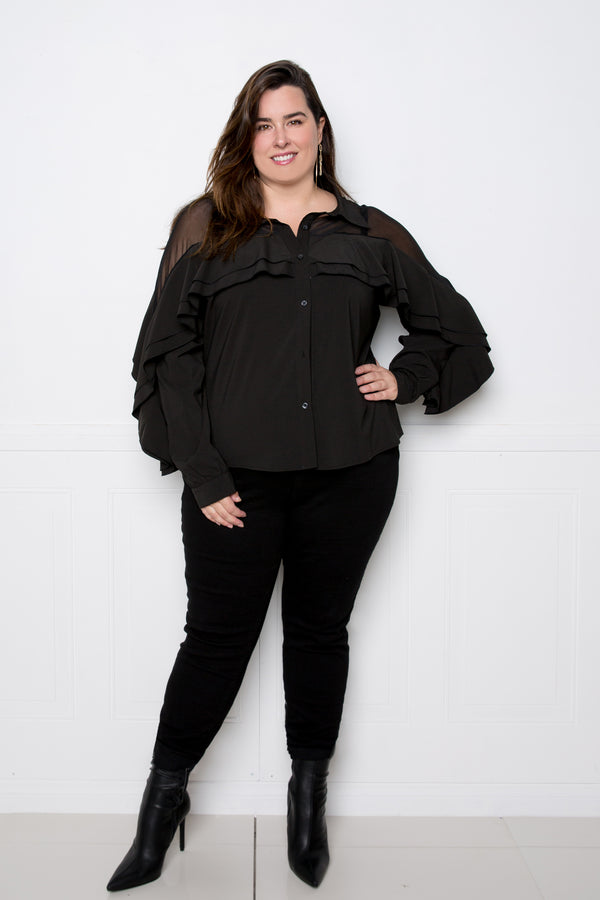 buxom couture curvy women plus size ruffle blouse with mesh inserts black