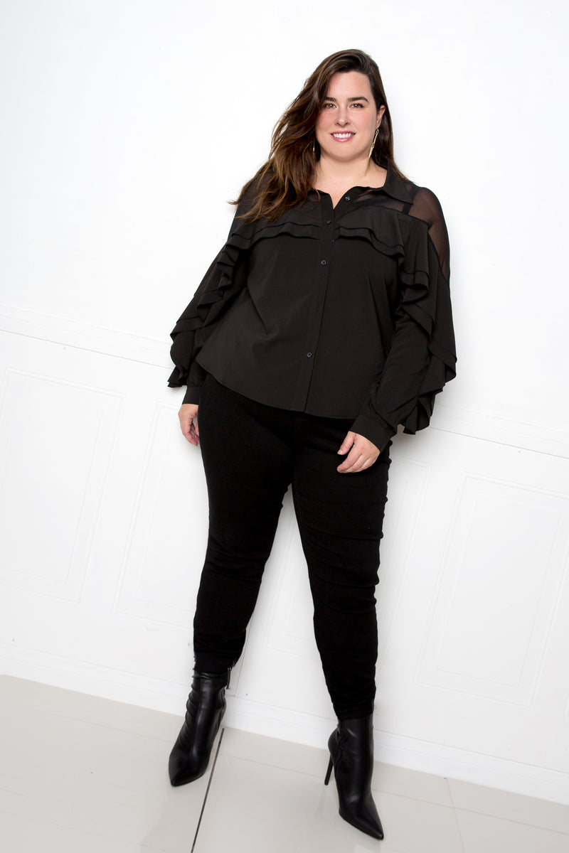 buxom couture curvy women plus size ruffle blouse with mesh inserts black