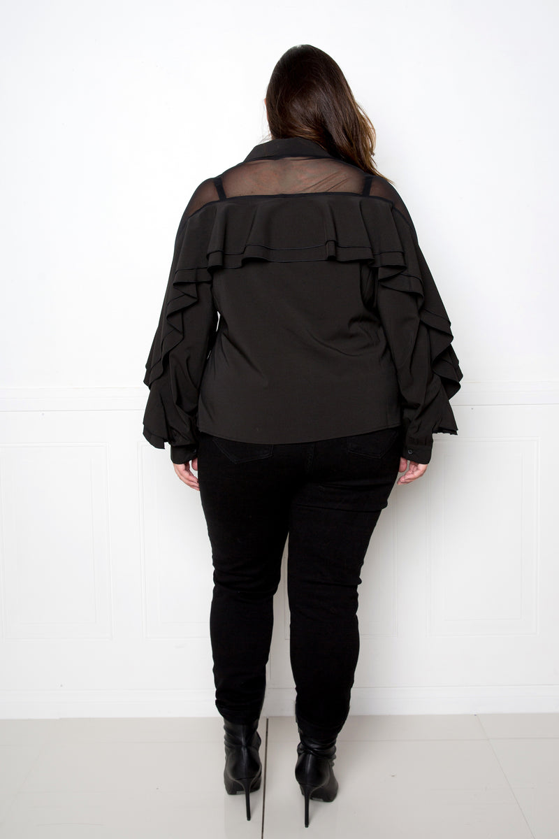 buxom couture curvy women plus size ruffle blouse with mesh inserts black