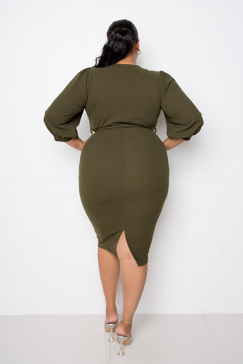 buxom couture curvy women plus size everyday wrap midi dress olive green