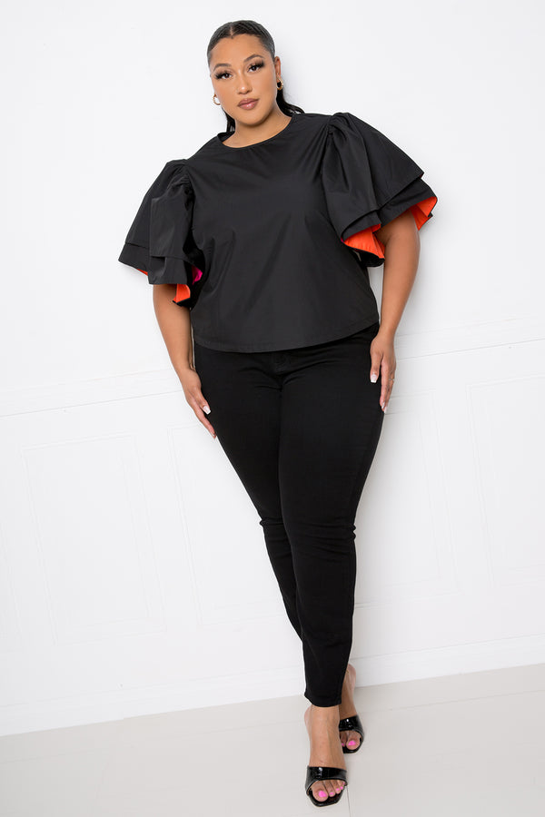 buxom couture curvy women plus size peekaboo voluminous sleeves poplin top