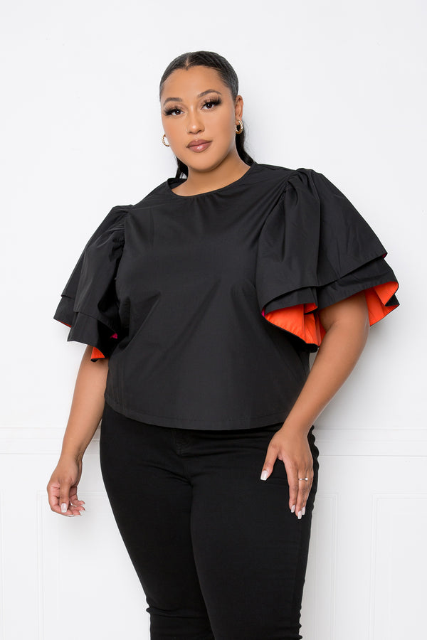 buxom couture curvy women plus size peekaboo voluminous sleeves poplin top