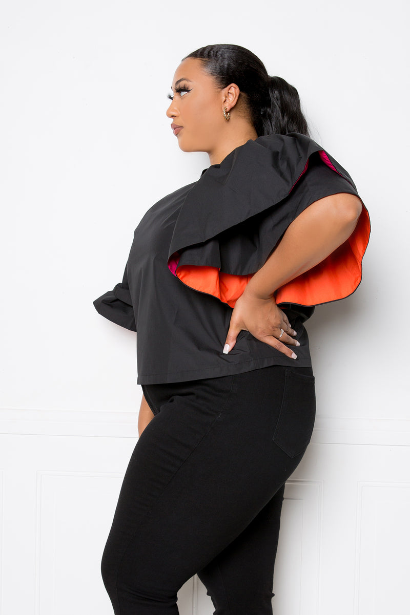 buxom couture curvy women plus size peekaboo voluminous sleeves poplin top