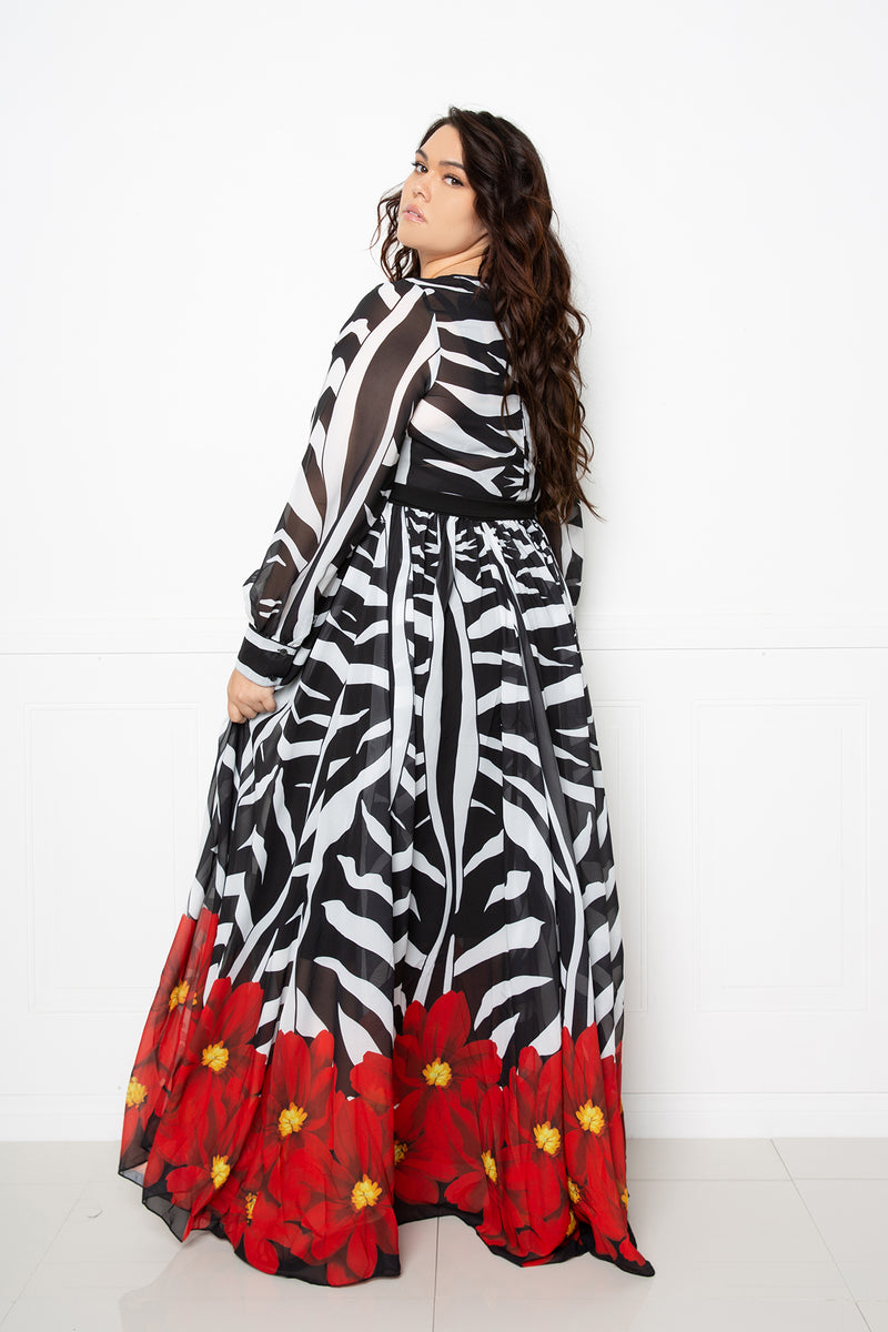 buxom couture curvy women plus size zebra floral surplice maxi dress