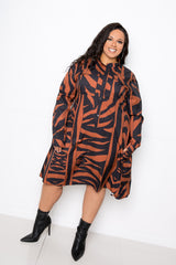 buxom couture curvy women plus size animal print shirt dress zebra brown mocha