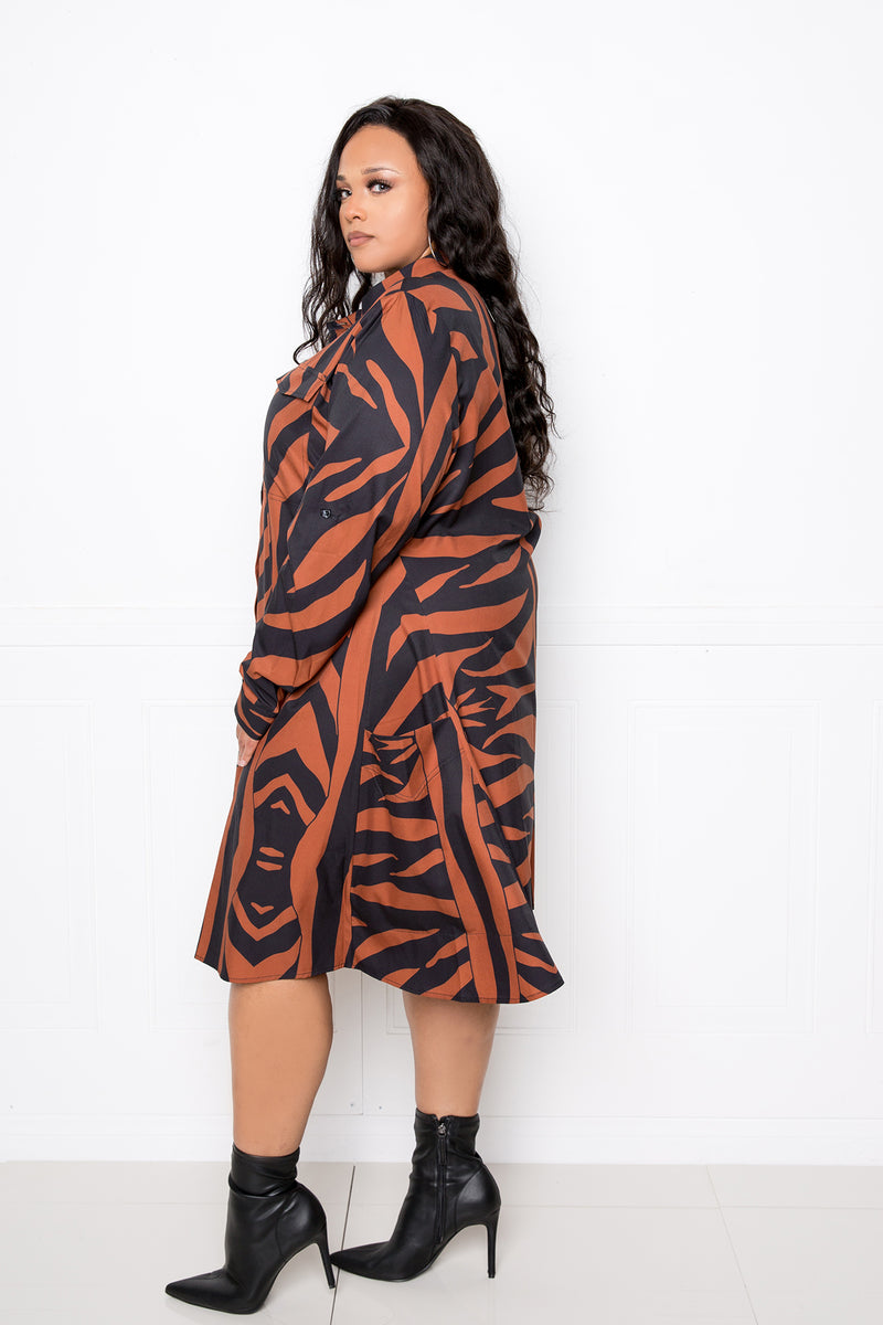 buxom couture curvy women plus size animal print shirt dress zebra brown mocha