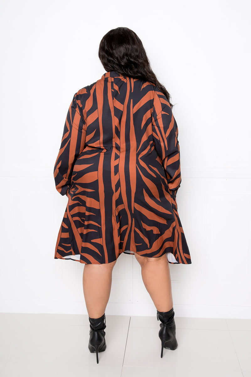 buxom couture curvy women plus size animal print shirt dress zebra brown mocha