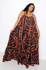 buxom couture curvy women plus size print voluminous maxi dress brown zebra