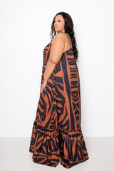 buxom couture curvy women plus size print voluminous maxi dress brown zebra