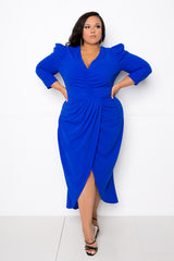 buxom couture curvy women plus size wrapped dress with shoulder accent royal blue