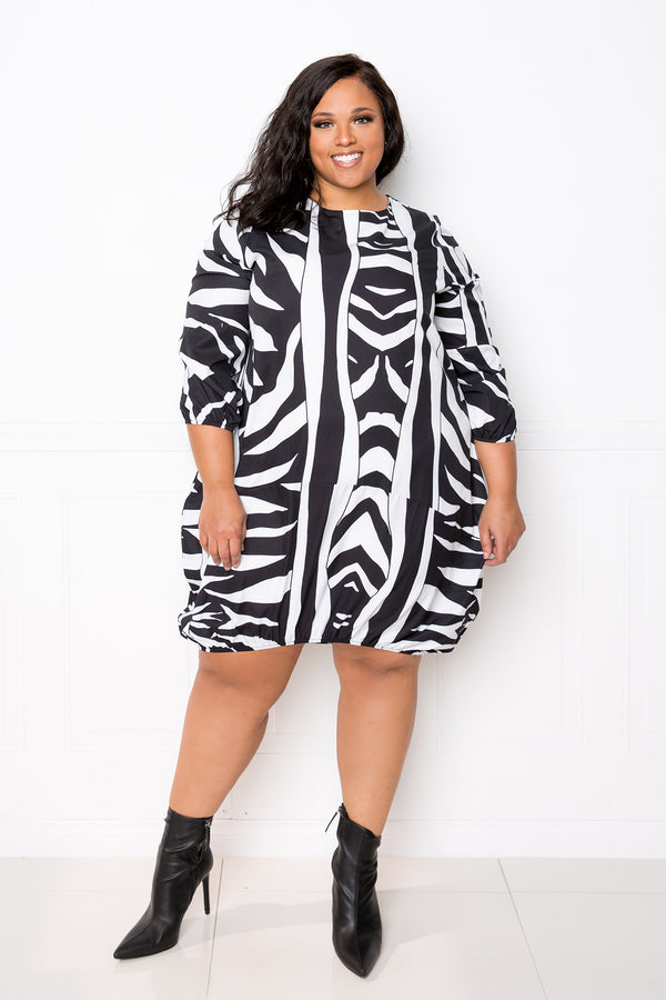 buxom couture curvy women plus size animal print bubbled poplin mini dress black white