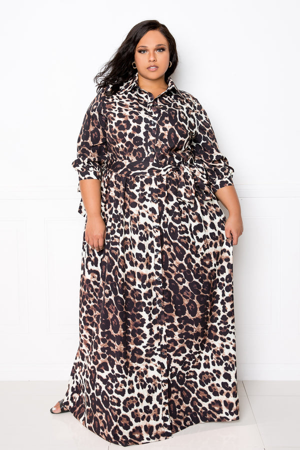 buxom couture curvy women plus size animal printed shirt maxi dress leopard brown