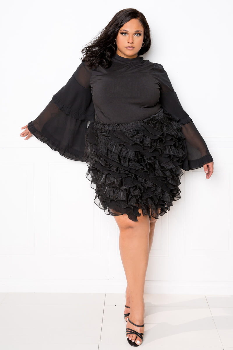 buxom couture curvy women plus size tiered bell sleeve top black
