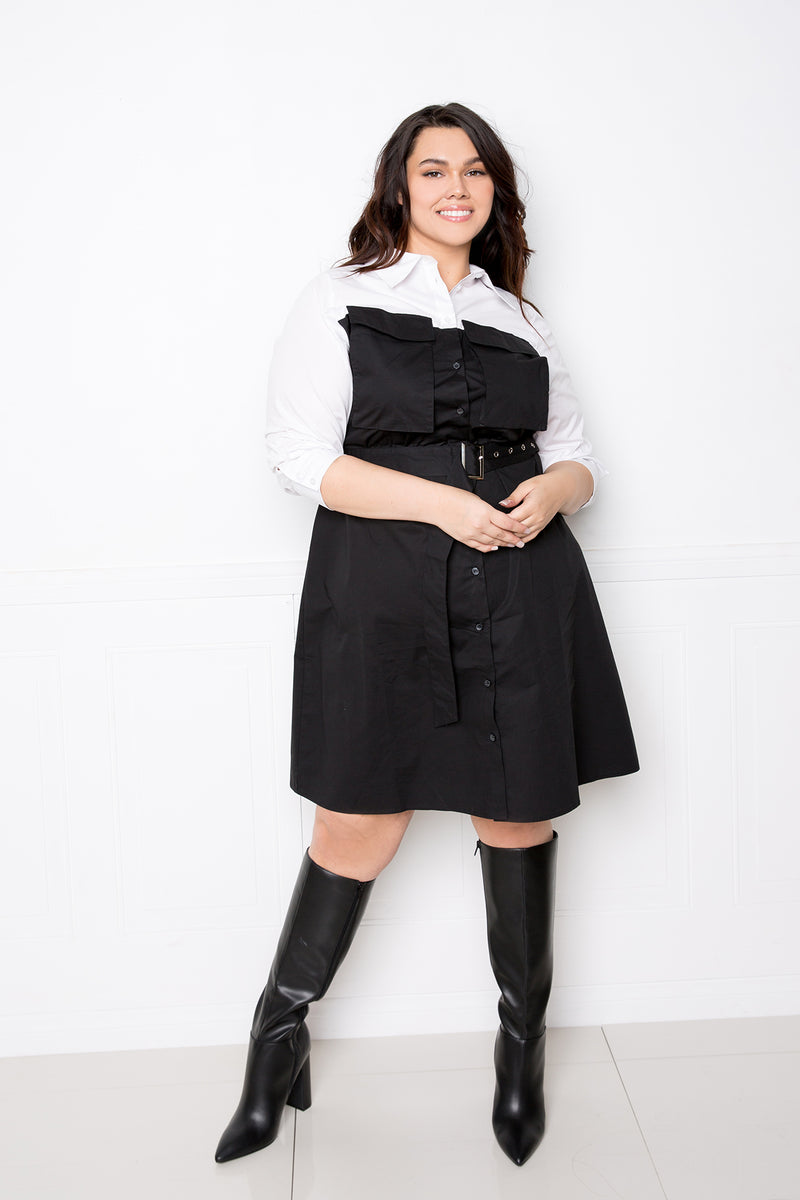 buxom couture curvy women plus size contrast utility shirt dress with belt black and white