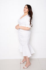buxom couture curvy women plus size ruched mermaid dress white