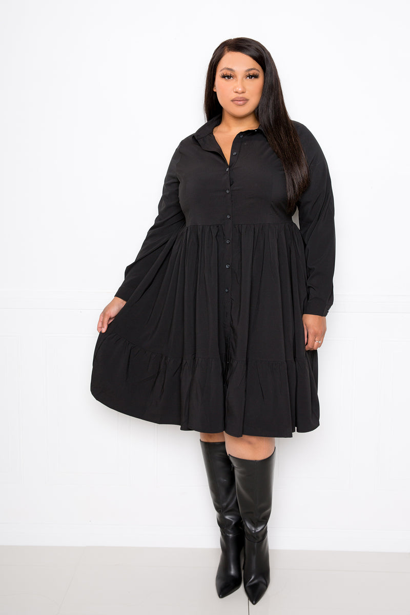 buxom couture curvy women plus size long sleeve tiered shirt dress black