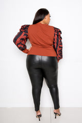buxom couture curvy women plus size ribbed top with animal print sleeves rust brown orange zebra