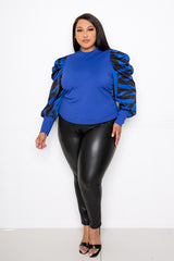 buxom couture curvy women plus size ribbed top with animal print sleeves royal blue