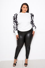 buxom couture curvy women plus size ribbed top with animal print sleeves white black zebra