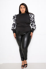 buxomx couture curvy women plus size ribbed top with animal print sleeves black white zebra