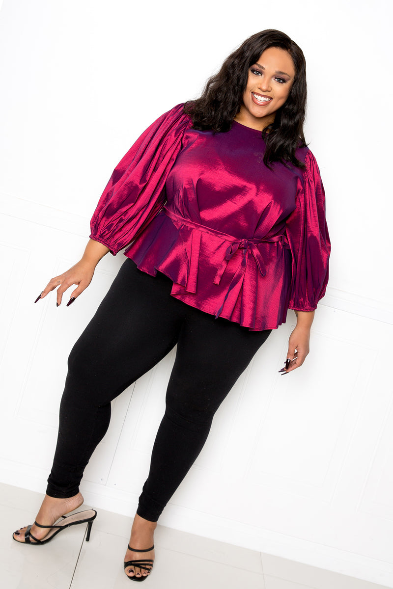 buxom couture curvy women plus size voluminous top with waist tie fuchsia pink