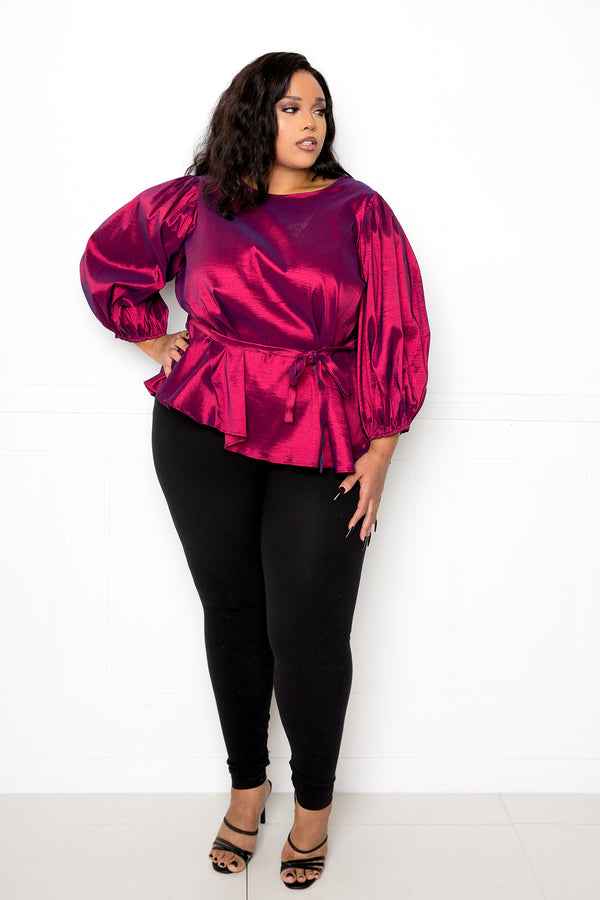 buxom couture curvy women plus size voluminous top with waist tie fuchsia pink