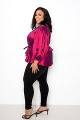 buxom couture curvy women plus size voluminous top with waist tie fuchsia pink