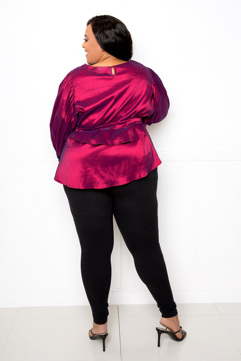 buxom couture curvy women plus size voluminous top with waist tie fuchsia pink