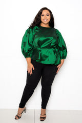 buxom couture curvy women plus size voluminous top with waist tie green