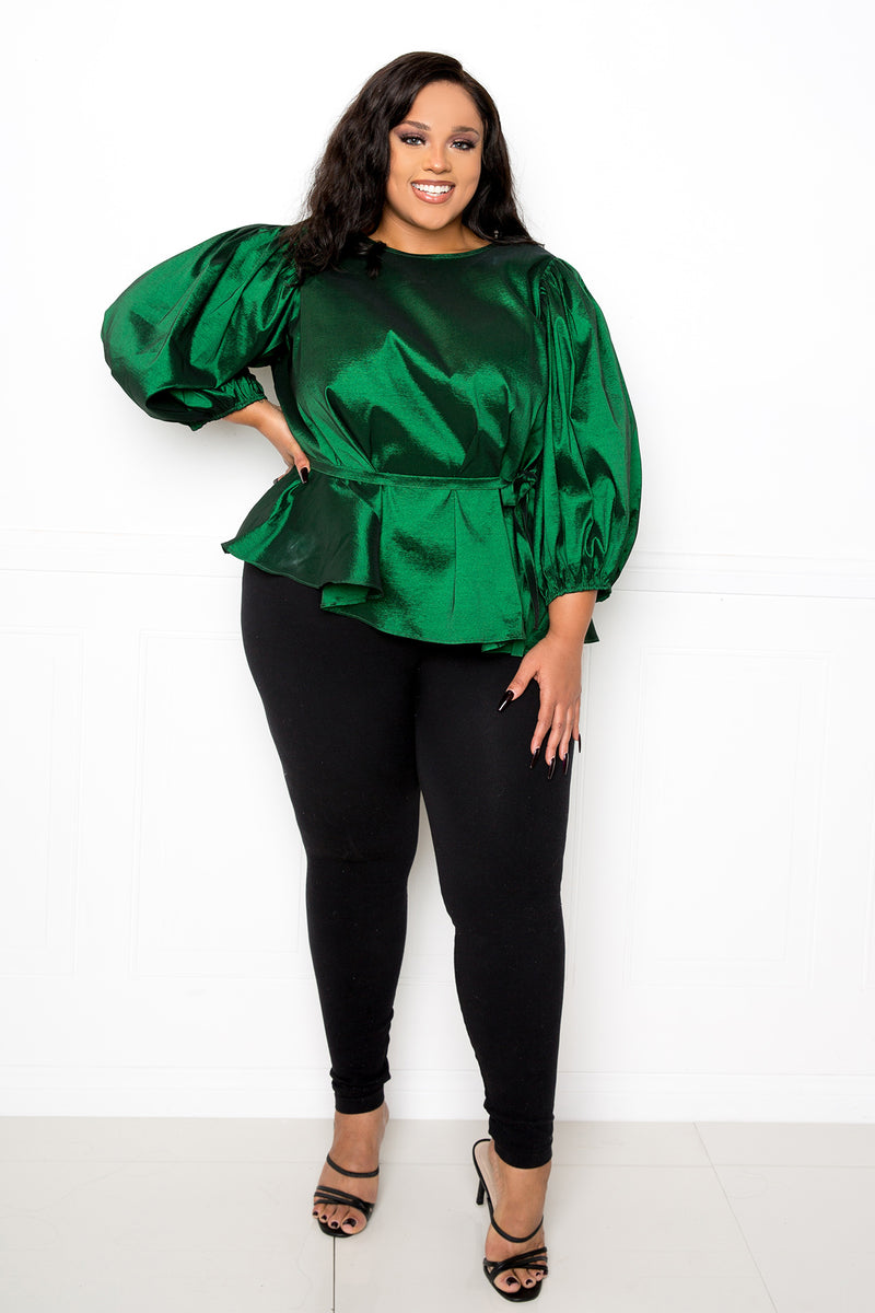buxom couture curvy women plus size voluminous top with waist tie green