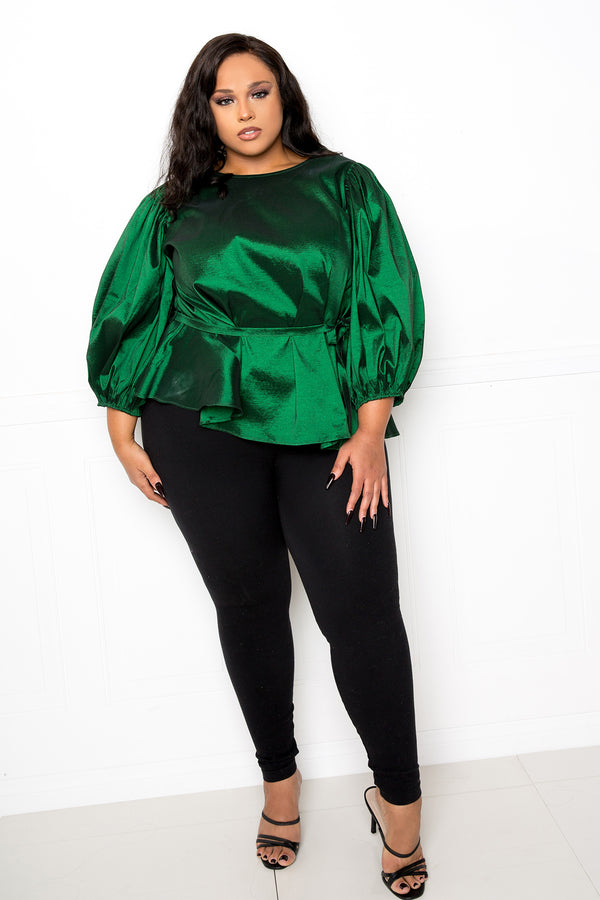 buxom couture curvy women plus size voluminous top with waist tie green