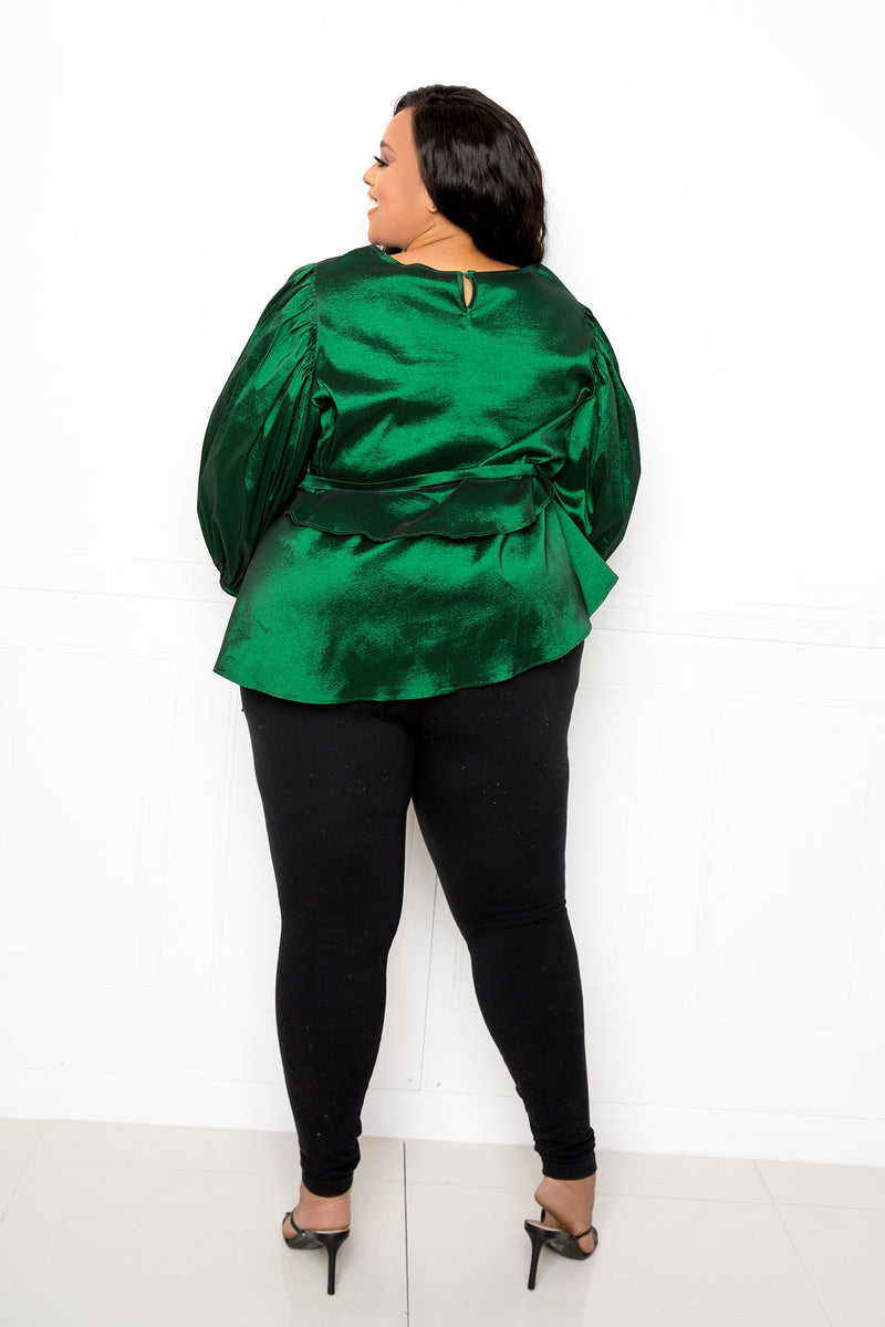 buxom couture curvy women plus size voluminous top with waist tie green