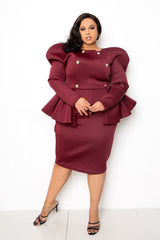 buxom couture curvy women plus size power shoulder peplum dress burgundy red