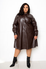 buxom couture curvy women plus size faux leather shirt dress dark chocolate brown