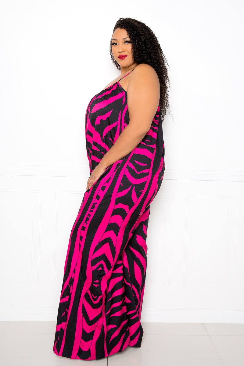buxom couture curvy women plus size animal print jumpsuit hot pink