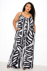 buxom couture curvy women plus size animal print jumpsuit black and white